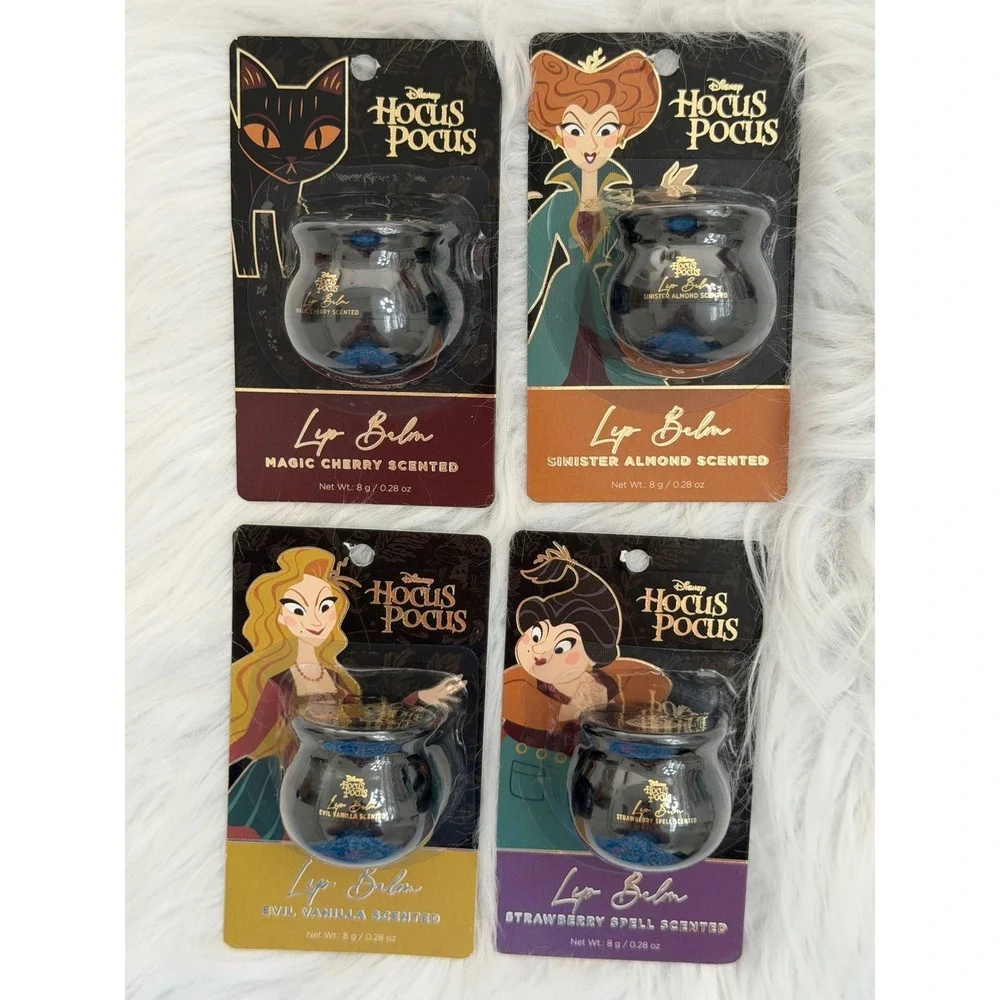 Disney Hocus Pocus Lip Balm Set 4 Cauldron Jars Cherry Almond Vanilla Strawberry